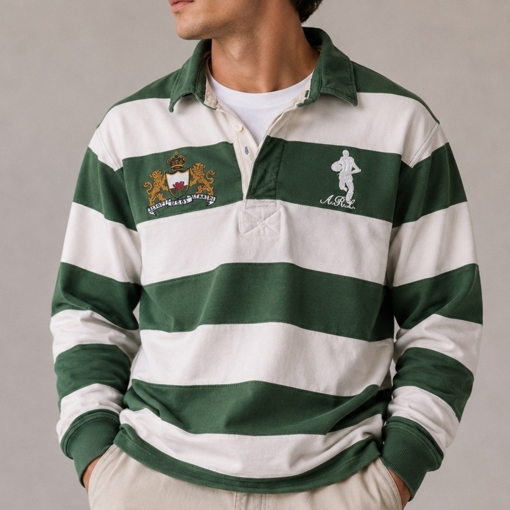 VTG Scotland Alcott Rugby Mens L Green White Striped Wales Dragon Y2K Polo Shirt
